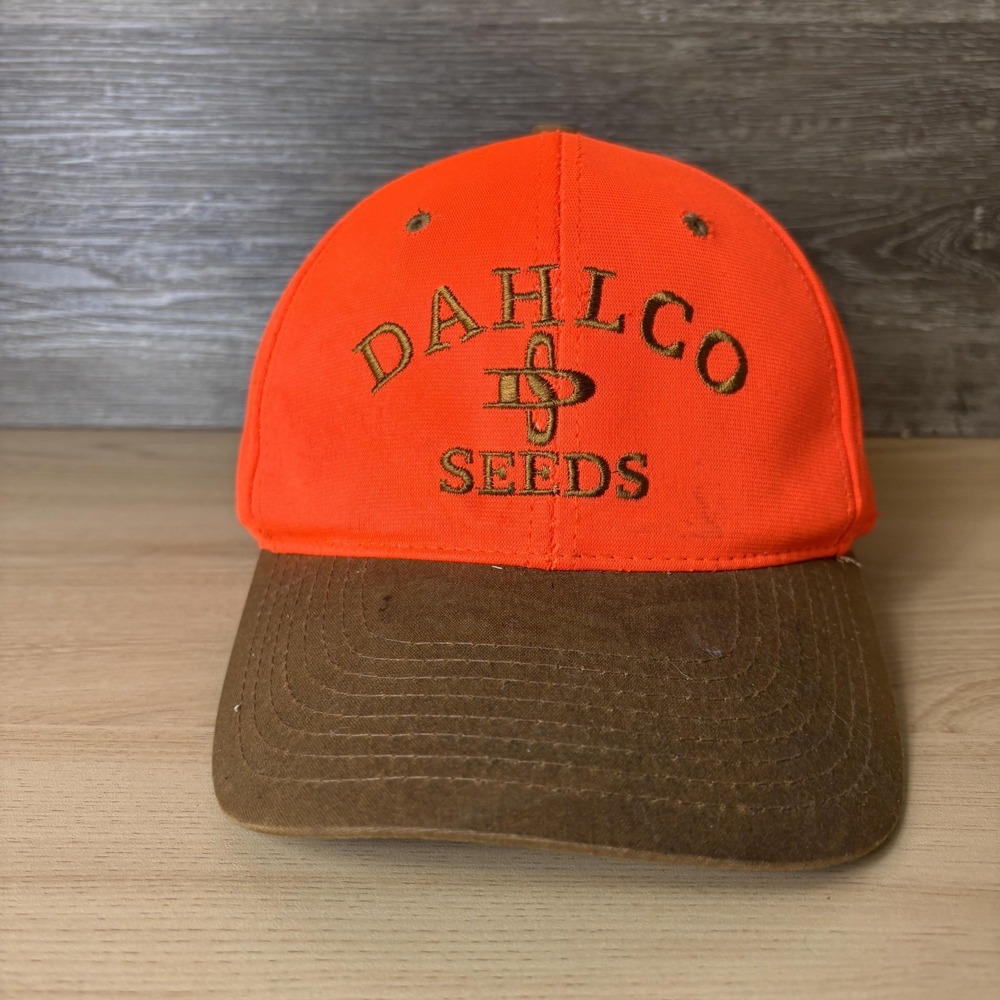 Vintage Dahlco Seeds Hat Cap Strap Back Orange Brown Embroidered Promo Mens 90s